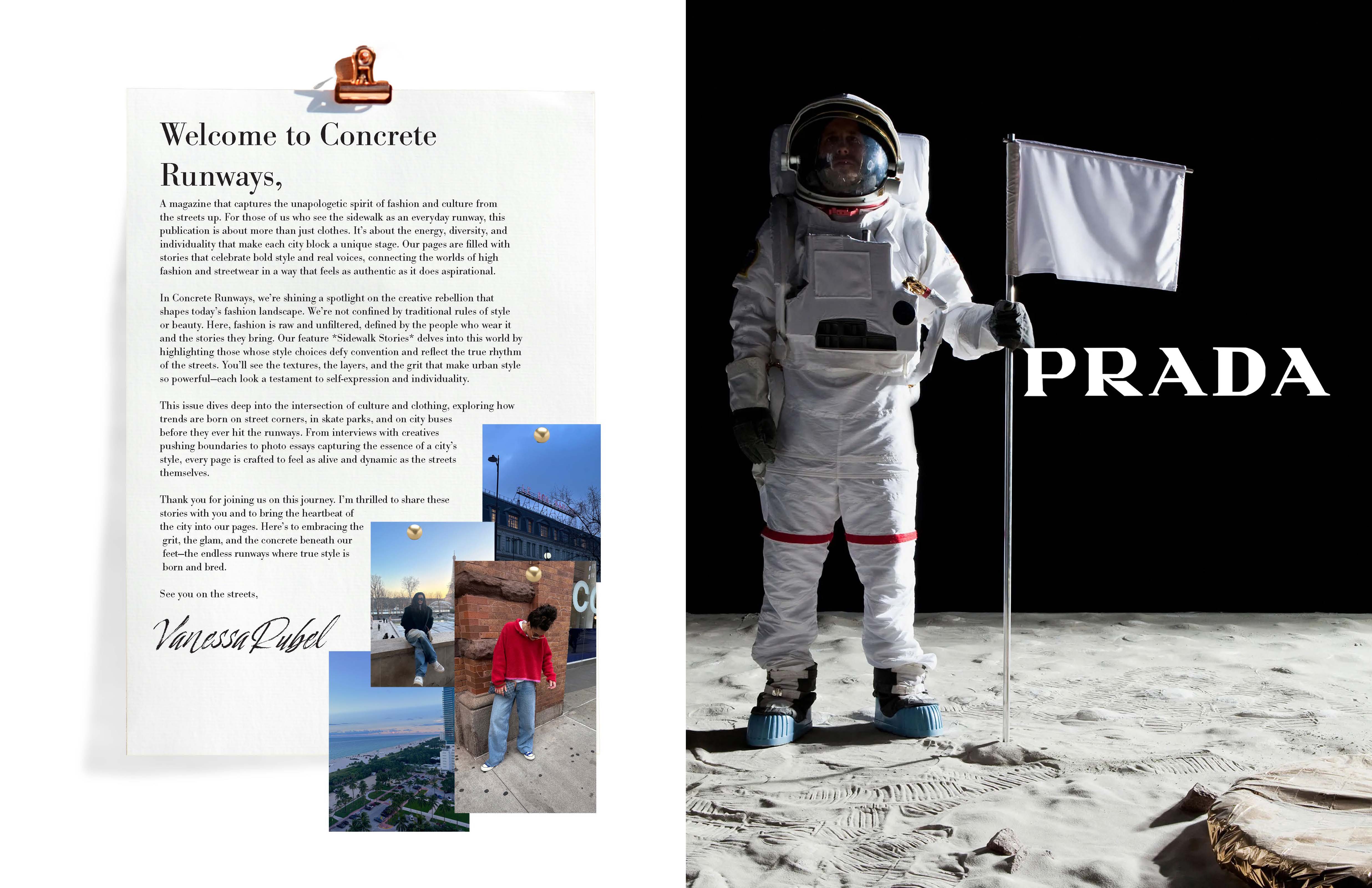Concrete Runways welcome spread paired with a Prada astronaut advertisement